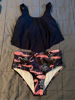 Amazon Navy Tankini Top with Pink Flamingo Print Bikini Bottoms